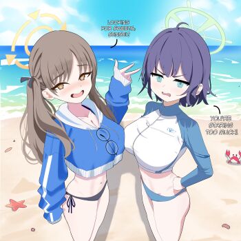 2girls :d absurdres ahoge aqua_eyes beach bikini bikini_bottom_only black_bikini blue_archive blue_bikini blue_hoodie blue_jacket blue_sky breasts brown_eyes brown_hair chamomile_no_ha cleavage commentary crab cropped_hoodie english_text feet_out_of_frame green_halo halo hand_up hands_on_own_hips highres hood hood_down hoodie jacket large_breasts long_hair long_sleeves moe_(blue_archive) moe_(swimsuit)_(blue_archive) multicolored_jacket multiple_girls navel ocean open_mouth outdoors puffy_long_sleeves puffy_sleeves purple_hair saki_(blue_archive) saki_(swimsuit)_(blue_archive) side-tie_bikini_bottom sky sleeves_past_fingers sleeves_past_wrists smile starfish stomach swimsuit twintails two-tone_jacket v-shaped_eyebrows white_jacket yellow_halo