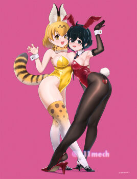 2girls adapted_costume animal_ears animal_print bare_shoulders beleven black_gloves black_hair black_necktie black_pantyhose black_shoes blonde_hair blue_eyes blush bow bowtie bunny_day cat_ears cat_girl cat_print cat_tail claw_pose detached_collar detached_sleeves elbow_gloves extra_ears fake_animal_ears fake_tail full_body gloves gradient_thighhighs hair_between_eyes high_heels highres kaban_(kemono_friends) kemono_friends leotard multiple_girls necktie open_mouth pantyhose pink_background playboy_bunny print_bow print_bowtie print_thighhighs rabbit_ears rabbit_pose rabbit_tail red_leotard red_shoes serval_(kemono_friends) sheer_gloves shiny_leotard shoes short_hair sidelocks sleeveless smile strapless strapless_leotard tail thighhighs white_thighhighs yellow_eyes yellow_leotard