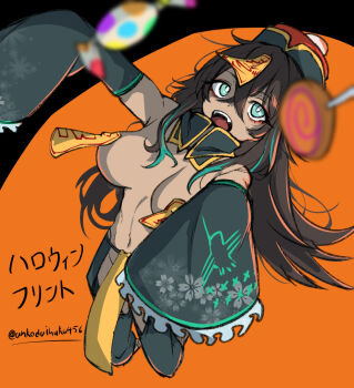 1girl ankodaihuku aqua_eyes aqua_hair arknights bare_shoulders blurry blurry_foreground breasts brown_hair candy chinese_clothes commentary_request dark-skinned_female dark_skin detached_sleeves flint_(arknights) food frilled_sleeves frills hat jiangshi_costume kneeling large_breasts long_hair multicolored_hair navel ofuda ofuda_on_head ofuda_on_nipples open_mouth outstretched_arms pasties qingdai_guanmao revealing_clothes solo streaked_hair teeth tongue twitter_username two-tone_hair upper_teeth_only very_long_hair zombie_pose