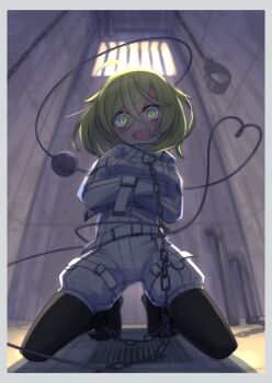 1girl :d ahoge ankle_cuffs arms_across_body arms_under_breasts bags_under_eyes barred_window bound bound_ankles bound_arms chain crazy_eyes grate green_eyes green_hair heart heart_of_string highres indoors kneeling komeiji_koishi looking_at_viewer menou_74 open_mouth sanpaku smile solo straitjacket tearing_up teeth third_eye tied_up_(nonsexual) touhou upper_teeth_only variant_set