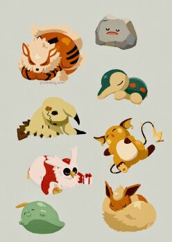 absurdres animal_focus arcanine closed_eyes closed_mouth curled_up cyndaquil ditto flareon fluffy full_body gen_1_pokemon gen_2_pokemon gen_3_pokemon gen_7_pokemon gulpin highres mimikyu neck_fur nintendo no_humans open_mouth orange_fur pokemon pokemon_(creature) pokemon_focus pokemon_sleep raichu rock simple_background sleeping tail transformed_ditto yellow_fur zozozoshion