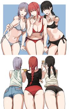 1boy 3girls absurdres bare_arms bare_shoulders bikini black_bikini black_hair black_necktie black_shirt black_shorts blonde_hair braid breasts burger cellphone chainsaw_man claw_pose closed_mouth collared_shirt denim denim_shorts denji_(chainsaw_man) earrings fami_(chainsaw_man) food from_behind green_tank_top grey_bikini grey_hair hair_between_eyes highres holding holding_burger holding_food holding_phone jewelry large_breasts long_braid long_hair looking_at_viewer low_twintails makima_(chainsaw_man) mole mole_under_eye multiple_girls multiple_views navel necktie open_mouth panties phone pointing pointing_at_viewer purple_eyes red_bikini red_hair red_panties ringed_eyes scar scar_on_face shiren_(ourboy83) shirt short_hair short_shorts short_sleeves shorts sidelocks smartphone smile stomach swimsuit t-shirt tank_top twintails underwear v white_shirt white_tank_top yellow_eyes yoru_(chainsaw_man)