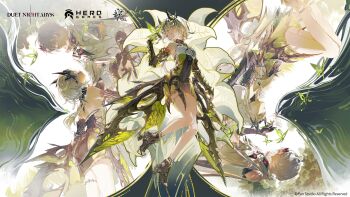 1boy 1girl absurdres black_gloves black_shoes breasts bug butterfly commentary copyright_logo copyright_notice dress duet_night_abyss english_commentary flower full_body gloves hair_ornament highres insect logo looking_at_another official_art phoxhunter_(duet_night_abyss) ponytail psyche_(duet_night_abyss) red_eyes shoes the_boy_in_the_dream_(duet_night_abyss) white_flower white_hair yellow_eyes