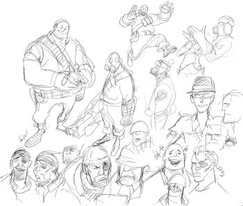 Rule 34 | 5boys, bad id, bad pixiv id, bandolier, belt, demoman (tf2), explosive, eyepatch, flamethrower, gas mask, gloves, greyscale, heavy (tf2), helmet, holding flamethrower, holding weapon, kotteri, mask, monochrome, multiple boys, pyro (tf2), signature, sketch, smile, sniper (tf2), soldier (tf2), team fortress 2, white background