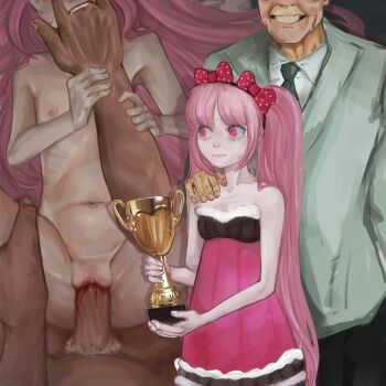 1boy 1girl age_difference bare_arms bare_legs bare_shoulders before_and_after black_dress bleeding blonde_hair blood bow closed_mouth collarbone crying danganronpa_(series) danganronpa_another_episode:_ultra_despair_girls dark-skinned_male dark_skin dress eyelashes fingernails fingers_in_mouth forced formal_clothes hair_bow hand_on_another's_shoulder hetero highres holding holding_trophy imaginaryiand jacket loli matching_hair/eyes multicolored_dress navel necktie nipples older_male_and_younger_female open_mouth penis pink_dress pink_eyes pink_hair polka_dot rape red_bow smile spread_legs spread_pussy standing suit suit_jacket tears traumatized trophy utsugi_kotoko vaginal