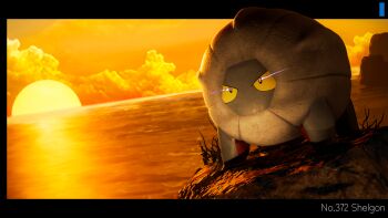 3d adatu1904 character_name cloud commentary_request eye_trail full_body gen_3_pokemon grass highres light_trail nintendo no_humans orange_sky outdoors pokedex_number pokemon pokemon_(creature) pokemon_focus shelgon sky solo sun water