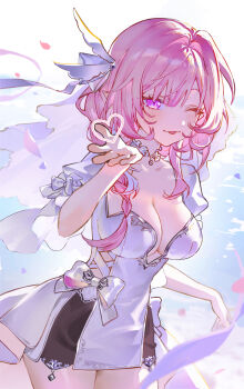 1girl ;p absurdres alternate_costume breasts cleavage commentary cyrene_(honkai:_star_rail) cyrene_(ripples_of_past_reverie)_(honkai:_star_rail) diamond-shaped_pupils diamond_(shape) dress highres honkai:_star_rail honkai_(series) large_breasts long_hair one_eye_closed pink_hair purple_eyes q_(llll4414_j) short_hair solo symbol-only_commentary symbol-shaped_pupils thighs tongue tongue_out very_long_hair white_dress