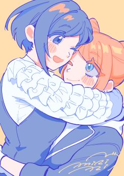 Rule 34 | 2girls, absurdres, amiri ari, blonde hair, blue eyes, blue hair, blush, commentary request, cone hair bun, double bun, eye contact, frilled shirt, frilled sleeves, frills, fukurai azami, hair bun, happy, highres, hug, jasmine (toshi densetsu kaitai center), limited palette, long sleeves, looking at another, multiple girls, one eye closed, open mouth, shirt, short hair, signature, simple background, smile, toshi densetsu kaitai center, upper body, yuri