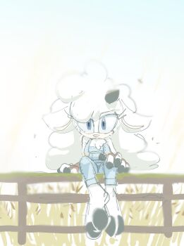 1girl absurdres adam_bryce_thomas barefoot blue_overalls farming_clothes fingerless_gloves floppy_ears fluffy full_body gloves highres lanolin_the_sheep overalls sheep sonic_(series) sonic_the_hedgehog_(idw)
