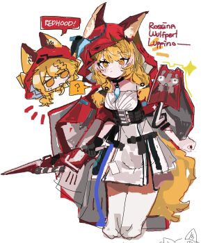 1girl ? animal_ear_fluff animal_ears arknights arknights:_endfield black_choker black_gloves blonde_hair braid braided_bangs breasts bright_pupils cape character_name chibi chibi_inset choker closed_mouth cropped_legs dress ears_through_headwear ears_through_hood english_text expressionless gloves highres holding holding_weapon hood hood_up hooded_cape light_blush long_hair looking_at_viewer low_twintails medium_breasts notice_lines odmised orange_eyes paint_chat_(medium) parted_lips red_cape red_hood rossi_(arknights) short_dress side_slit simple_background single_glove sketch solo sparkle speech_bubble spoken_question_mark standing tail twintails two-tone_cape underbust v-shaped_eyebrows weapon white_background white_dress white_pupils wolf_ears wolf_girl wolf_tail yellow_tail