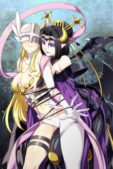 2girls angel angel_and_devil angel_girl angewomon asymmetrical_clothes bare_shoulders bat_wings belt black_hair blonde_hair blue_eyes breasts claws cleavage covered_eyes demon demon_girl digimon digimon_(creature) digimon_adventure digimon_xros_wars elbow_gloves eyeshadow facial_mark fallen_angel forehead_mark gloves grabbing_another&#039;s_breast grabbing_from_behind groping hair_ornament head_wings helmet helmet_over_eyes highres horns large_breasts leather_suit lilithmon lindaroze lipstick long_hair makeup mark_of_evil mask molestation multiple_girls multiple_wings navel o-ring o-ring_belt piercing pointy_ears purple_lips shawl short_hair smile thigh_strap wing_piercing winged_helmet wings wrist_wings yuri