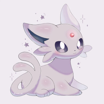 animal_focus artist_name black_eyes closed_mouth commentary_request espeon forehead_jewel forked_tail gen_2_pokemon highres iwasi_29 nintendo no_humans pokemon pokemon_(creature) purple_fur sitting smile sparkle star_(symbol) tail twitter_username