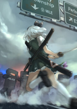 1girl 6+boys aiming armor ballistic_shield belt circled_9 cloud contemporary dutch_angle from_behind from_below gun hair_ribbon hairband handgun holding katana kneehighs konpaku_youmu miniskirt motion_blur multiple_boys outdoors panties pantyshot pistol pleated_skirt police ribbon riot_shield road_sign running sheath sheathed shield shin_guards shoes short_hair sign silver_hair skirt skirt_set sky smoke socks sword touhou underwear upskirt vest weapon white_panties white_socks xiao_qiang_(overseas)