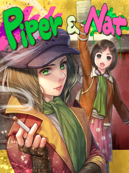 2girls :o arm_across_waist arm_up backpack bag black_eyes black_gloves black_hat brown_hair brown_jacket character_name cigarette closed_mouth coat commentary_request fallout fallout_4 fingerless_gloves fur-trimmed_jacket fur_trim gloves goggles goggles_around_neck green_eyes green_scarf hat highres holding holding_cigarette holding_paper jacket kudo_kunugi light_smile long_sleeves looking_at_viewer medium_hair multiple_girls natalie_wright newsboy_cap open_clothes open_jacket open_mouth paper parted_bangs pink_skirt piper_wright polka_dot polka_dot_skirt red_coat scarf shirt short_hair siblings sisters skirt smoke smoke_trail smoking standing white_shirt