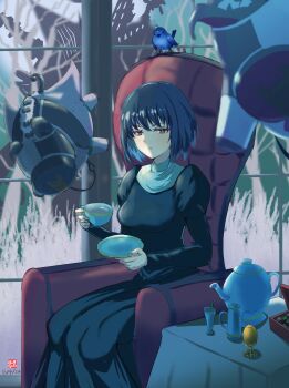 1girl absurdres artist_logo bird black_dress black_eyes black_hair blue_hair blurry chair closed_mouth commentary_request cup dress expressionless guimpe highres holding holding_cup indoors juliet_sleeves kuonji_alice light_blush logo long_sleeves looking_at_viewer lost_robin_rondo mahou_tsukai_no_yoru plant puffy_sleeves reien_girl's_academy_school_uniform saucer scarf school_uniform short_hair signature sitting solo table teacup teapot tetsu_no_samurai tree turtleneck tweedle_dee_&amp;_dum_(mahou_tsukai_no_yoru) window