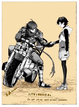 03_kyv 1boy 1girl ^_^ ahoge belle_(zenless_zone_zero) black_hair black_thighhighs closed_eyes full_body highres holding_hands jacket leather leather_jacket lighter_(zenless_zone_zero) looking_at_another looking_at_viewer motor_vehicle motorcycle on_motorcycle open_clothes open_jacket scarf short_hair shoulder_spikes single_thighhigh smile spiked_jacket spikes studded_gloves sunglasses thighhighs zenless_zone_zero