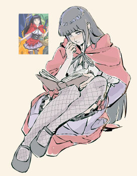 1girl beerenfuchs black_hair black_shoes blunt_bangs book cape commentary fishnet_thighhighs fishnets full_body highres holding holding_book hyuuga_hinata long_hair naruto_(series) naruto_shippuuden official_alternate_costume purple_eyes purple_skirt reading red_cape reference_inset shoes skirt solo thighhighs