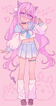 Rule 34 | 1girl, :d, black choker, blue neckerchief, blue skirt, blush, brown shoes, choker, collarbone, commentary, crop top, demon girl, demon horns, demon tail, fang, glasses, half-closed eyes, hand up, heart, highres, horns, jigatei (omijin), loafers, long hair, long sleeves, loose socks, midriff, navel, neckerchief, open mouth, original, pink-framed eyewear, pink background, pink hair, pleated skirt, pointy ears, puffy long sleeves, puffy sleeves, purple-tinted eyewear, purple eyes, school uniform, shirt, shoes, simple background, skirt, sleeves past wrists, smile, socks, solo, standing, tail, thigh strap, tinted eyewear, translation request, twintails, untranslatable commentary, very long hair, white shirt, white socks
