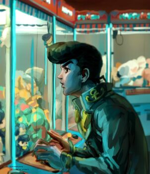 1boy anchor_ornament aqua_theme black_hair brooch character_doll commentary controller crane_game diamond_wa_kudakenai doll earrings from_side gakuran heart heart_brooch higashikata_josuke high_collar highres jewelry jojo_no_kimyou_na_bouken joystick long_sleeves male_focus pompadour profile santamanymany school_uniform shirt solo stud_earrings yellow_shirt