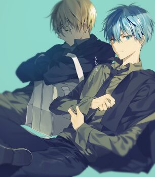2boys artist_name black_necktie blonde_hair blue_background blue_eyes blue_hair formal_clothes kise_ryouta kuroko_no_basuke kuroko_tetsuya looking_at_viewer male_focus multiple_boys necktie simple_background sitting suit sukja