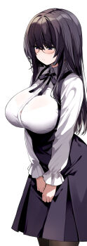 ... 1girl black_dress black_hair black_ribbon blush breasts buttons closed_mouth collared_shirt dress glasses highres large_breasts long_hair long_sleeves neck_ribbon original pinafore_dress ribbon shirt sleeveless sleeveless_dress sweat urabanasimati white_background