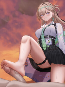 1girl absurdres barefoot blonde_hair blue_eyes blush clenched_teeth denokoto feet footjob highres long_hair lynae_(wuthering_waves) panties pantyshot soles teeth toes underwear upskirt wuthering_waves