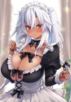 Rule 34 | 1girl, absurdres, alternate costume, apron, black dress, black nails, blush, breasts, brown eyes, cleavage, curtains, dark-skinned female, dark skin, day, dress, enmaided, frilled apron, frills, grey hair, hair between eyes, highres, indoors, jewelry, kantai collection, large breasts, long hair, long sleeves, looking at viewer, maid, maid apron, maid headdress, mashiro yukiya, musashi (kancolle), musashi kai ni (kancolle), puffy sleeves, rectangular eyewear, ring, semi-rimless eyewear, solo, twintails, upper body, very long hair, white apron