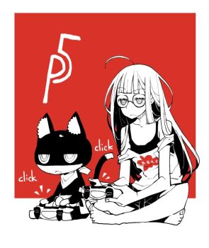 Rule 34 | 10s, 1girl, animal, cat, controller, female focus, game console, glasses, monochrome, morgana (persona 5), persona, persona 5, playstation 4, sakura futaba, solo
