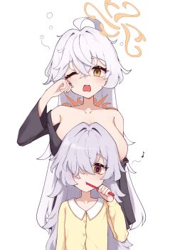 2girls absurdres ahoge black_eyes black_shirt blue_archive breasts brushing_teeth commentary convenient_censoring convenient_head eri_(blue_archive) grey_hair hair_between_eyes hair_over_one_eye halo hand_on_own_face height_difference highres holding holding_toothbrush hrnt huge_breasts jewelry kanoe_(blue_archive) long_hair looking_at_viewer loose_clothes loose_shirt missing_headwear multicolored_eyes multiple_girls multiple_rings musical_note no_bra one_eye_closed open_mouth orange_eyes orange_halo pajamas ring shirt shirt_partially_removed side_halo simple_background squeans straight-on tilted_halo toothbrush toothbrush_in_mouth two-tone_eyes untranslatable_commentary waking_up white_background white_hair yawning yellow_shirt