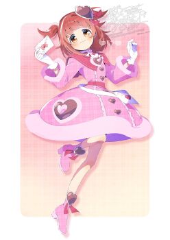 1girl :3 akino_kaede alternate_costume bag bare_legs blunt_bangs boots border brooch buttons closed_mouth collared_shirt dot_nose dress envelope frilled_gloves frilled_shirt_collar frills full_body fur-trimmed_sleeves fur_trim gloves gradient_background hair_ornament hair_ribbon heart heart-shaped_sleeves heart_brooch heart_button heart_hair_ornament high_collar high_heel_boots high_heels highres holding holding_envelope jewelry letter light_blush long_sleeves love_letter magia_record:_mahou_shoujo_madoka_magica_gaiden mahou_shoujo_madoka_magica medium_dress medium_hair multicolored_hair necktie orange_background orange_eyes outside_border pink_background pink_boots pink_dress pink_ribbon pink_sailor_collar plaid_background plaid_clothes plaid_dress plaid_footwear pocket red_hair ribbon ribbon_trim sailor_collar serizawa_serizane shirt shirt_under_dress shoulder_bag smile solo standing streaked_hair tareme twitter_username two_side_up unmoving_pattern watermark white_bag white_border white_gloves white_hair white_shirt