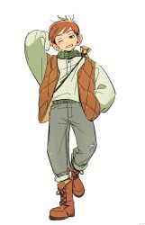 Rule 34 | 1boy, arm behind head, arm up, boots, brown eyes, brown footwear, brown hair, brown vest, chilchuck tims, denim, dungeon meshi, full body, grey pants, hand in pocket, highres, jeans, large ears, long sleeves, looking at viewer, male focus, one eye closed, pants, puffy long sleeves, puffy sleeves, robodumpling, short hair, simple background, torn clothes, torn jeans, torn pants, undercut, very short hair, vest, walking, white background