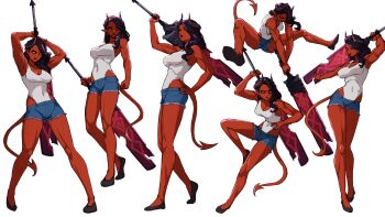 1girl absurdres bare_arms bare_legs bare_shoulders black_hair black_nails black_shoes breasts cleavage clothing_cutout collarbone colored_skin commentary covered_navel cutoffs daydarion demon_girl demon_horns demon_tail denim denim_shorts dispatch earrings english_commentary flats full_body greatsword hair_over_shoulder hand_on_own_hip highres holding holding_behind_back holding_sword holding_weapon holding_weapon_behind_back horns jewelry large_breasts legs leotard leotard_under_clothes long_hair looking_at_viewer malevola_(dispatch) midair multiple_views nail_polish over_shoulder parted_lips pointy_ears red_skin shoes short_shorts shorts simple_background solid_eyes sword tail tail_through_clothes thighs toned toned_female weapon weapon_over_shoulder white_background white_leotard yellow_eyes