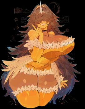 1girl black_background body_freckles breast_freckles breasts brown_hair commentary commission cropped_legs curvy dark-skinned_female dark_skin dress english_commentary facing_viewer freckles grin hair_intakes hair_over_eyes hand_up highres horns huge_breasts index_finger_raised long_bangs long_hair long_sleeves original short_dress single_horn smile solo thick_thighs thigh_freckles thighhighs thighs usa37107692 very_long_hair wide_hips wings yellow_dress yellow_thighhighs