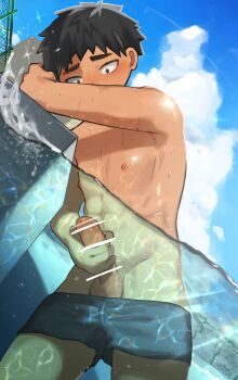 1boy absurdres bar_censor black_hair blush censored cloud erection highres male_focus male_masturbation male_swimwear masturbation nipples original outdoors partially_submerged penis pinku0511 shota solo standing swim_trunks testicles topless_male water wet