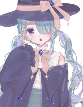 1girl :o aqua_hair black_hat black_jacket blue_eyes blush bow bowtie brooch collared_shirt commentary_request curusucururi frilled_shirt frilled_sleeves frills gem hair_over_one_eye hat hat_bow hat_ribbon high_collar highres jacket jewelry long_hair looking_at_viewer monocle off-shoulder_jacket off_shoulder one_eye_covered open_mouth original parted_bangs pink_bow pink_bowtie pink_ribbon ribbon shirt sidelocks simple_background sleeveless sleeveless_shirt sleeves_past_wrists solo sparkle twintails upper_body very_long_hair white_background white_shirt witch witch_hat