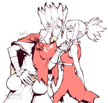 1boy 1girl arms_behind_back blush breasts cape choker closed_eyes closed_mouth clothes_writing dr._stone dress hand_on_own_hip hetero highres imminent_kiss ishigami_senkuu kohaku_(dr._stone) looking_at_another medium_breasts monochrome ninomae_gin ponytail pouch red_cape spiked_hair sweat white_background