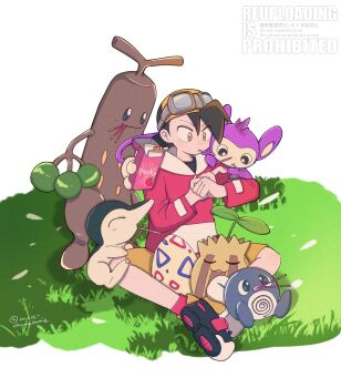 1boy aipom backwards_hat baseball_cap black_hair black_shirt closed_eyes closed_mouth cyndaquil eating egg ethan_(pokemon) food food_in_mouth gen_1_pokemon gen_2_pokemon goggles goggles_on_head grass hat highres holding holding_food holding_pocky hood hoodie jacket long_sleeves mochi_okomekome nintendo on_shoulder open_mouth pocky pocky_in_mouth pokegear pokemon pokemon_(creature) pokemon_adventures pokemon_egg pokemon_on_shoulder poliwag red_hoodie shirt short_hair shorts sitting smile sudowoodo sunkern togepi yellow_eyes yellow_shorts