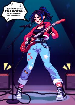 1girl absurdres artist_self-insert aseprite_(medium) black_eyes black_gloves black_hair choker commentary eighth_note english_commentary english_text fingerless_gloves gloves guitar high_ponytail highres holding holding_guitar holding_instrument instrument jacket legs_apart long_hair microphone microphone_stand music musical_note open_clothes open_jacket open_mouth pigeon-toed pixel_art playing_guitar playing_instrument ponytail singing solo speaker speech_bubble standing yumykon yumykon_(yumykon) yumyverse