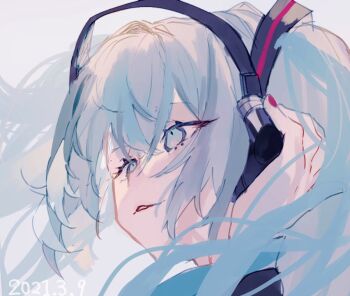 1girl blue_eyes blue_hair commentary dated grey_background hair_ornament hatsune_miku headphones long_hair looking_afar miku_day portrait shinjitsu_no_kuchi solo twintails vocaloid