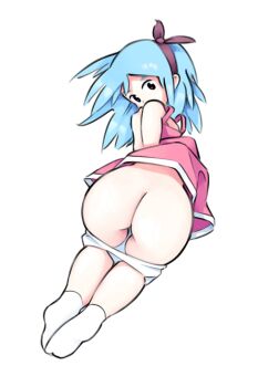 1girl ass bare_legs bent_over blue_hair bow colored_skin dress female_focus hairband huge_ass loli looking_at_viewer looking_up no_panties nude original panties shortstack simx teasing thick_thighs thighs underwear white_background white_panties white_skin wide_hips zoey_(simx)