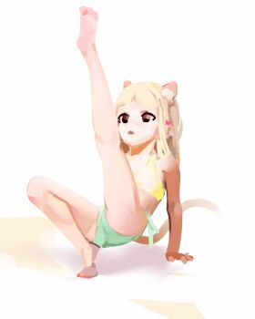 1girl absurdres animal_ears arms_behind_back bare_legs barefoot borrowed_character bow cat_ears cat_girl cat_tail exercising feet female_focus full_body green_panties hair_bow highres leg_up on_floor open_mouth original panties parfait_(gachigachi) pink_bow simple_background sketch soles solo sweetonedollar tagme tail underwear underwear_only white_background