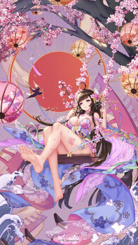 :o ahoge bare_shoulders barefoot bird breasts brown_hair character_request cherry_blossoms cleavage flower forced_perspective full_body highres houchi_shoujo lantern large_breasts long_hair nail_polish official_art on_swing paper_lantern parted_lips pink_eyes pink_flower pink_nails solo swing toenail_polish toenails tree very_long_hair waves