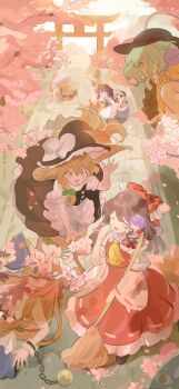 Rule 34 | 6+girls, :d, absurdres, apron, ascot, black eyes, blonde hair, bow, bowl, braid, broom, broom riding, brown hair, cherry blossoms, chopsticks, eating, gap (touhou), green hair, hakurei reimu, hakurei shrine, hat, hat bow, highres, ibuki suika, kirisame marisa, komeiji koishi, long hair, luna child, multiple girls, nengo, oni, open mouth, pointy hair, purple hair, red eyes, remilia scarlet, single braid, skirt, skirt set, sleeping, smile, star sapphire, sukuna shinmyoumaru, sunny milk, surprised, sweat, torii, touhou, toyosatomimi no miko, triangle mouth, twintails, very long hair, vest, waist apron, waving, witch hat, yawning