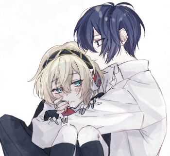 1boy 1girl aigis_(persona) android antenna_hair aqua_eyes black_jacket black_pants black_socks blonde_hair blue_eyes blue_hair blush bow commentary_request double-parted_bangs dress_shirt facing_viewer frown gekkoukan_high_school_uniform gold_hairband hair_between_eyes hairband hand_on_another&#039;s_face hands_on_another&#039;s_arm hetero highres hug jacket kneehighs knees_up looking_at_another looking_to_the_side pants persona persona_3 red_bow robot_ears sakizome school_uniform shirt short_hair simple_background socks white_background white_shirt yuuki_makoto_(persona_3)