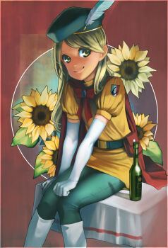 1girl ataruman belt blonde_hair bow brooch cape child closed_mouth commentary_request cup dress drinking_glass elbow_gloves feather_hair_ornament feathers flower gloves green_hat green_pantyhose hair_ornament hat highres itasato_amiko jewelry jinzou_konchuu_kabutoborg_vxv long_hair pantyhose puffy_sleeves red_background red_bow red_ribbon ribbon short_sleeves sitting smile solo sunflower venezian white_gloves wine_glass yellow_dress yellow_eyes