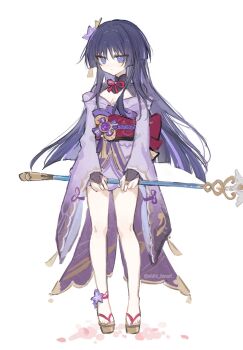 Rule 34 | 1girl, absurdres, black bridal gauntlets, blunt ends, bow, breasts, bridal gauntlets, chinese commentary, cleavage, commentary request, cosplay, eyeliner, feet, full body, genderswap, genderswap (mtf), genshin impact, geta, hair ornament, highres, hime cut, holding, holding staff, japanese clothes, kanzashi, kimono, long hair, long sleeves, makeup, no socks, obi, obiage, obidome, obijime, purple eyes, purple hair, purple kimono, raiden shogun, raiden shogun (cosplay), red bow, red eyeliner, sandals, sash, scaramouche (genshin impact), shiki fanart, simple background, small breasts, solo, staff, standing, toes, tsumami kanzashi, weapon, white background, wide sleeves
