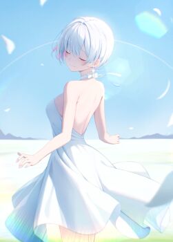 1girl absurdres astra_chichi closed_eyes closed_mouth colored_inner_hair commentary dress english_commentary goddess_of_victory:_nikke highres liliweiss_(nikke) multicolored_hair official_alternate_costume short_hair smile solo sundress white_dress white_hair