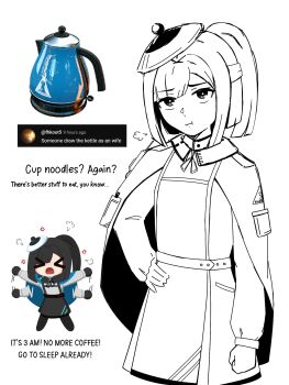 &gt;_&lt; :t arknights black_hair closed_mouth english_text gribberoni hand_on_own_hip highres kettle open_mouth personification ponytail pout simple_background waving_arms white_background