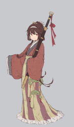 Rule 34 | 1girl, brown hair, chinese clothes, closed mouth, frills, full body, grey background, hair ornament, hairband, hanfu, highres, long hair, long sleeves, looking at viewer, red eyes, ribbon, sash, sheath, sheathed, simple background, sleeves past fingers, sleeves past wrists, solo, standing, sword, very long hair, weapon, wide sleeves, zhiju