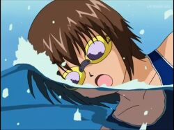 1girl animated blue_one-piece_swimsuit breasts brown_eyes brown_hair goggles mamoru_(sister_princess) one-piece_swimsuit partially_submerged partially_underwater_shot pool pool_ladder poolside short_hair sister_princess smile swimming swimming_goggles swimsuit tagme video water